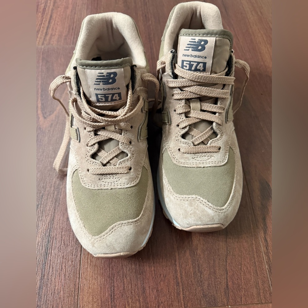 New Balance 574 Beige and Olive Green Suede Sneakers